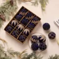 Palline di Natale in velluto set blu scuro e oro glitter decorazione festiva appendere - Blu Notte [Stile A]