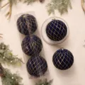 Palline di Natale floccate extra grandi con motivo a griglia glitter oro per albero di Natale - Palla a Griglia 15cm (3pz/Scatola) / Blu Notte