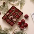 Set di palline di Natale floccate di lusso con scatola 6cm 8cm decorazioni sospese per alberi - Bordeaux [Stile A]