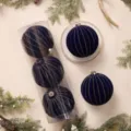Palline di Natale in velluto blu scuro con strisce glitterate dorate, decorazione festiva elegante. - Palla Zucca 15cm (3pz/Scatola) / Blu Notte