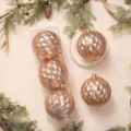 Bola de Navidad en oro rosa con diseño facetado 3D y purpurina para la decoración festiva. - 15cm 3 Piezas / Champán dorado