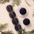 Pallina di Natale floccata blu scuro con strisce glitter oro, decorazione festiva. - Palla Zucca 12cm (4pz/Scatola) / Blu Notte