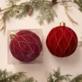 Palla di Natale rossa floccata extra grande con linee glitter dorate, scatola trasparente e decoro. - Palla Concava 25cm (1pz/Scatola) / Borgogna