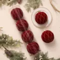 Set di palline di Natale in velluto rosso con linee glitterate dorate per decorazione - Palla Concava 12cm (4pz/Scatola) / Borgogna