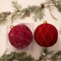 Grande palla di Natale floccata rossa 30 cm con linee di glitter dorate per albero festivo - Palla Concava 30cm (1pz/Scatola) / Borgogna