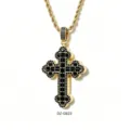 Collier pendentif croix strass noir hip-hop homme avec chaîne torsadée dorée - Base Or Strass Noir avec Chaîne Corde (3x24 Pouces)