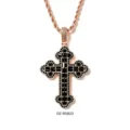 Detailed close-up view of the rose gold cross pendant necklace featuring black stones. - Rose Gold Base Black Rhinestone with Rope Chain (3x24 Inches)