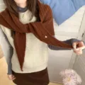 Cozy wool-blend cable knit triangular scarf and stylish shawl for women, autumn winter warmth. - Caramel color