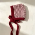 Red striped knitted women bonnet warm winter balaclava hat with chin ties stylish headwear. - M (56-58cm) / Red
