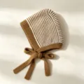 Brown and white striped knit balaclava hat winter warm ear protection beanie with chin ties - M (56-58cm) / Camel