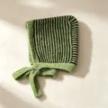 Green black striped knit balaclava hat autumn winter warm earflap bonnet with ties - M (56-58cm) / Green