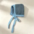 Blue black striped knit bonnet hat women warm winter cozy windproof earflap balaclava cap - M (56-58cm) / Sky Blue