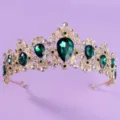 Retro Gold Gruen Strass Krone Braut Hochzeit Tiara Fotografie Requisite Haarschmuck - Gold Grüne Strass Krone TS-J2595