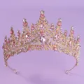 Exquisite gold bridal tiara with pink and clear crystals, perfect for wedding and party wear. - Gold Pink Crown (TS-J3151GPINK) / Gold Pink Zircon Crown
