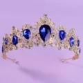 Goldene blaue Strass Krone Tiara Braut Hochzeit Party Haarschmuck Kopfbedeckung Haarschmuck - Gold Blaue Strass Krone TS-J2595B