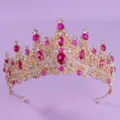 Tiare couronne de mariée dorée avec strass roses, accessoire de cheveux de mariage variante. - Couronne Rose Rouge Or (TS-J3151GROSE)