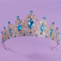 Gold Tiara Blue Crystal Crown Bridal Wedding Party Pageant Hair Accessories Headpiece - Sea Blue Rhinestone Crown (TS-J2720GLB)