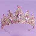 Stunning gold tiara crown with sparkling pink and clear rhinestones for bridal wedding party. - Pink Rhinestone Crown (TS-J2720GPINK)