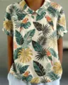 Tropical parrot print short sleeve women shirt retro lapel button casual summer top apparel - XXS / Tropical Parrot Print Top (3款-d758)