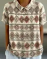 Women short sleeve lapel shirt vintage geometric diamond print casual summer top tee - XXS / Vintage Geometric Diamond Print Top (4款-d758)
