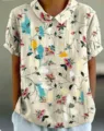 Damen Kurzarm Leinenbluse mit vintage künstlerischem Blumen- und Pinselstrichdruck. - XXS / Künstlerisches Blumen Graffiti Top (Stil 6-d758)