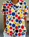 Damen Kurzarm Hemd mit bunten Punkten und Sternen Muster Retro Sommer Freizeit Oberteil. - XXS / Buntes Sternen Punktemuster Top (Stil 8-d758)