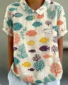 Damen Kurzarm Hemd mit Kragen und Vintage Meeresfische Korallen Muster für den Sommer lässig. - XXS / Vintage-Oberteil mit Meeresmotiven (Stil 11-d758) / Weiß
