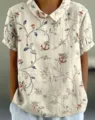 Vintage botanischer Anker Print Kurzarmbluse, bequemes Leinen Design Peter-Pan-Kragen Top - XXS / Vintage Oberteil mit Anker- und Blumenmuster (Stil 12-d758) / Weiß