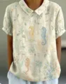Vintage Seepferdchen-Druck Kurzarm Hemd, elegantes botanisches Muster Freizeit Bluse. - XXS / Seepferdchen Blumenmuster Top (Stil 13-d758)