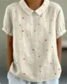 Süße Sommer Kurzarm Bluse mit rotem Herz Print und elegantem Peter Pan Kragen. - XXS / Herz und Stern Druck Oberteil (Stil 16-d758)