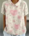 Vintage rosa Herz Print Kurzarm Bluse mit Puppenkragen, bequemer und eleganter Sommerstil. - XXS / Herz Blumenmuster Top (17款-d758) / Beigegrau