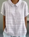 Damen Kurzarm gestreifte Bluse, lässiges modisches Sommer Oberteil mit Peter Pan Kragen. - XXS / Hellviolettes Fein Gestreiftes Top (Stil 26-d758) / Hellviolette Streifen