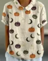 Damen vintage halloween kürbis druck kurzarm umlegekragen freizeit bluse oberteil neu - XXS / Halloween Kürbis Mond Druck Oberteil (29款-d758)