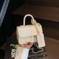 Chic colorblock mini handbag for women, stylish vintage top handle small square bag. - Beige Small