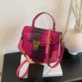 Pink snake print top handle crossbody bag for women, stylish chic shoulder bag with gold hardware. - Rose Red
