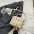 Korean style printed bucket bag, PU leather handbag with top handle and adjustable shoulder strap for women. - No Pendant / Off White