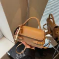 Chic women handbag stylish brown shoulder bag small square crossbody bag with bead charms - With Charm / Khaki