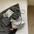 Silver metallic shoulder bag with chunky chain strap, stylish hobo crossbody bag for women. - S / Silver