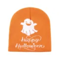 Oranger Halloween Strickmütze Beanie mit weißem Geist und Schriftzug für Herbst Winter. - M (56-58cm) / Orange Mit Weißem Muster (Stil A)