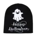 Schwarze Halloween Strickmütze mit weißem Geist und Buchstaben Jacquard für den Winter. - M (56-58cm) / Schwarz Mit Weißem Muster (Stil D)
