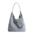 Grey fuzzy sherpa hobo shoulder bag with a small pouch, winter casual large tote bag. - Gray