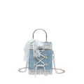 Cute Lolita style blue box handbag with white lace trim, rope lacing, and gold chain strap. - Blue