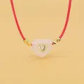 Pink heart natural stone necklace with cute rhinestone crystal pendant and wax cord. - 07#