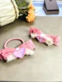 Pink tweed bow hair clip and hair rope set with fluffy trim and crystal heart detail. - Pink Plush Bow Set (Set 2)