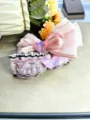 Close-up of sweet pink plush hair bow with lace trim and sparkling heart crystal charm. - Lace Pink Plush Set (Set 3)
