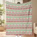 Close-up of cozy Christmas flannel blanket with traditional reindeer and tree patterns. - White Red Green Christmas Pattern Style (Style 7)
