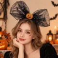 Halloween black mesh bow headband with sparkly pumpkin decor, perfect for festive party dress up. - Style 11 Bow Gauze