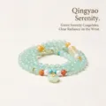 Bracciale di perle in giada naturale stile etnico retrò multistrato gioielli donna - Bracciale a tre giri tutto verde con zucchetta e fibbia della pace