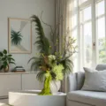 Green preserved flower detail arrangement with white ceramic vase for home decor spring vibe. - Ningxia Style Material Pack Without Vase