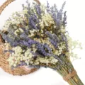 Natural dried lavender bouquet with baby breath in woven basket for home decor aromatherapy. - 66 Pieces/Pack